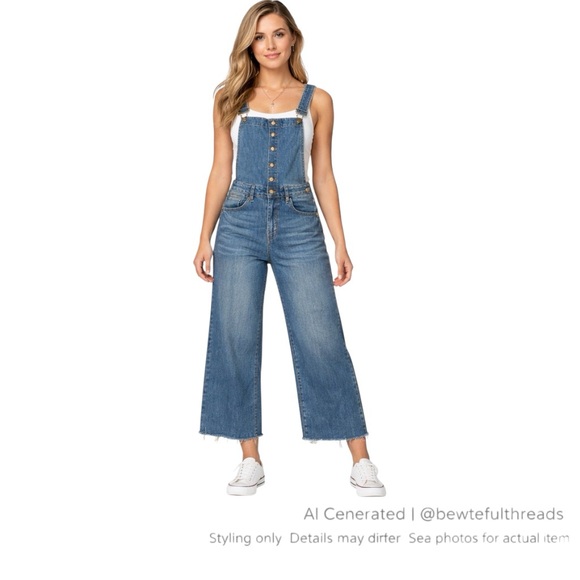 Judy Blue Denim - Judy Blue Boutique Stretch Denim Overalls Wide Leg Cropped Raw Hem S